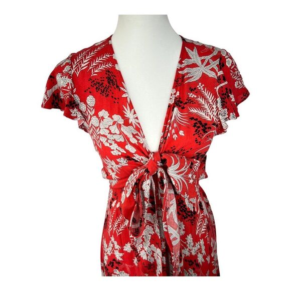 Aakaa Red Sexy Summer Floral Deep V Neck High Low Flowy Front Tie Maxi Dress S - Picture 5 of 16